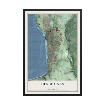 Map of Des Moines, Washington, 12 x 18 inch print in a black wood frame