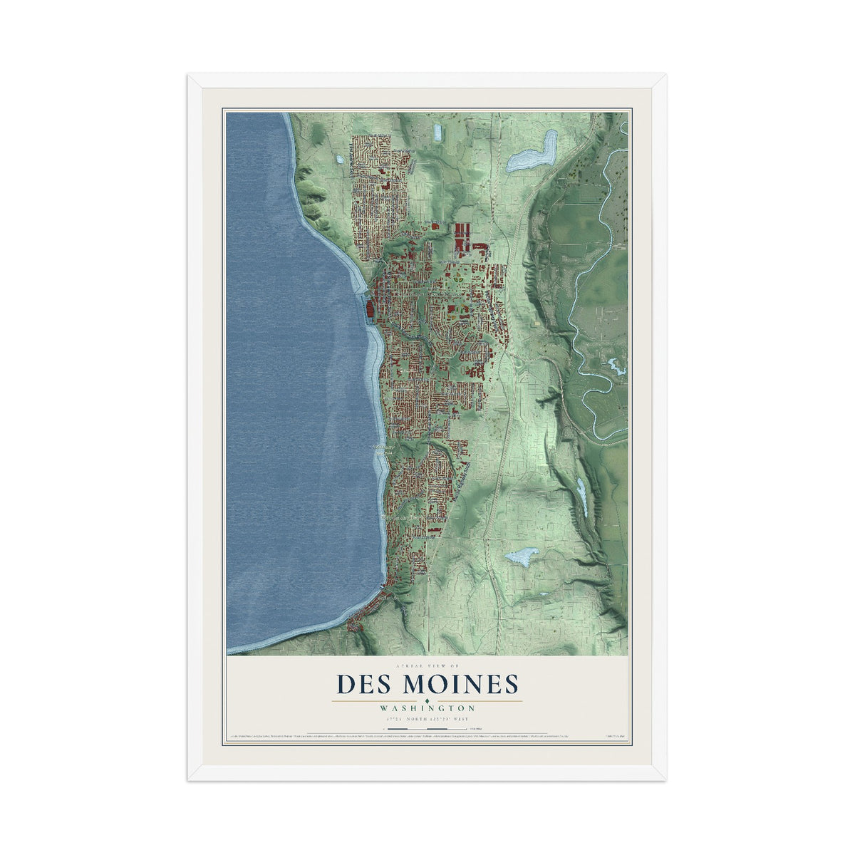 Map of Des Moines, Washington, 12 x 18 inch print in a white wood frame
