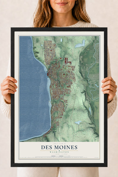 Map of Des Moines, Washington, 18 x 24 inch print in a black wood frame