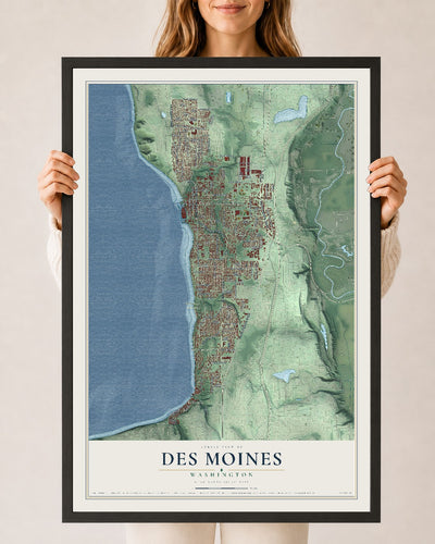 Map of Des Moines, Washington, 24 x 36 inch print in a black wood frame