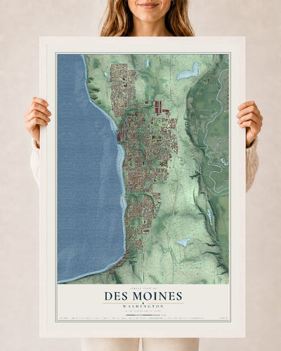 Map of Des Moines, Washington, 24 x 36 inch print in a white wood frame