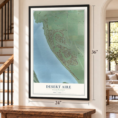 Desert Aire, Washington map, 24 x 36 inch print in a black frame by a staircase