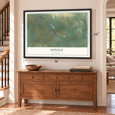 Donald, Washington map, 24 x 36 inch print in a black frame above a dresser by a staircase