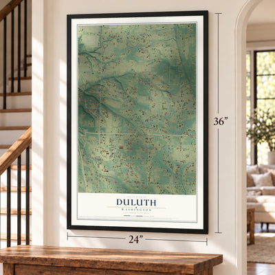 Duluth, Washington map, 24 x 36 inch print in a black frame by a staircase
