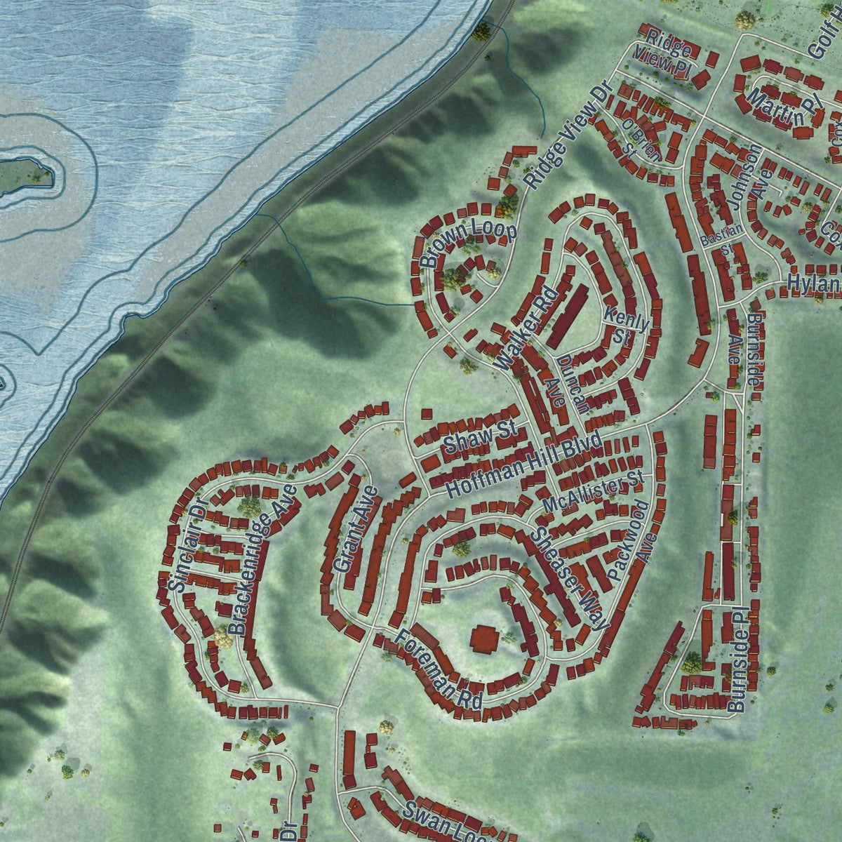 Close-up of the map of DuPont, Washington print showing street and building detail