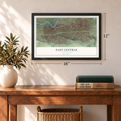 East Central, Washington map, 12 x 18 inch print in a black frame in an entryway