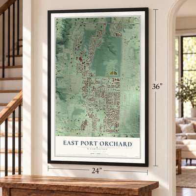 East Port Orchard, Washington map, 24 x 36 inch print in a black frame by a staircase