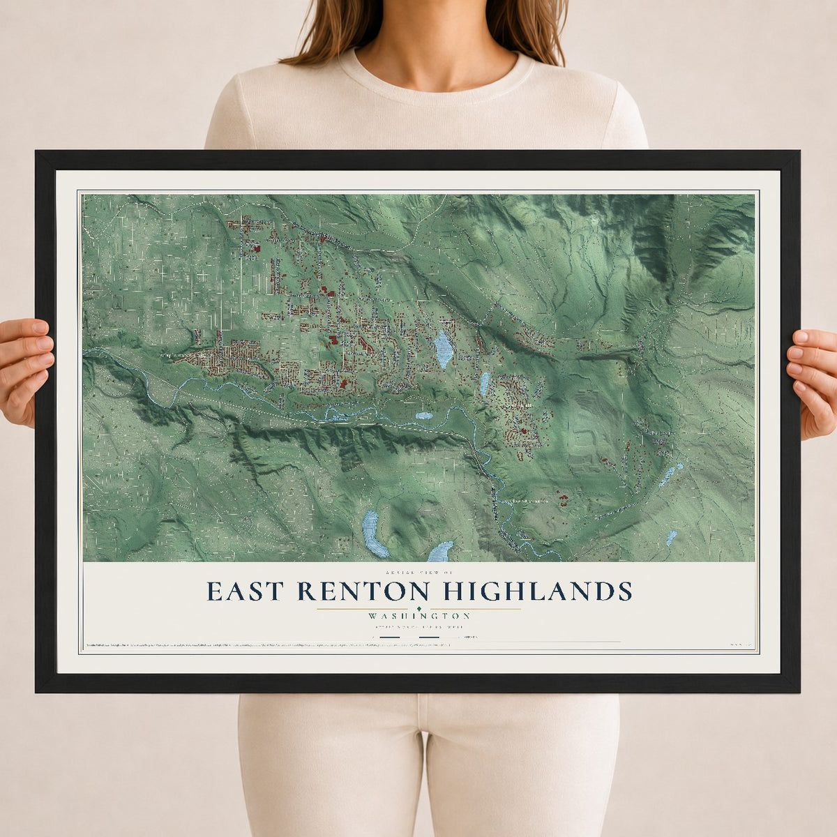 Map of East Renton Highlands, Washington, 18 x 24 inch print in a black wood frame