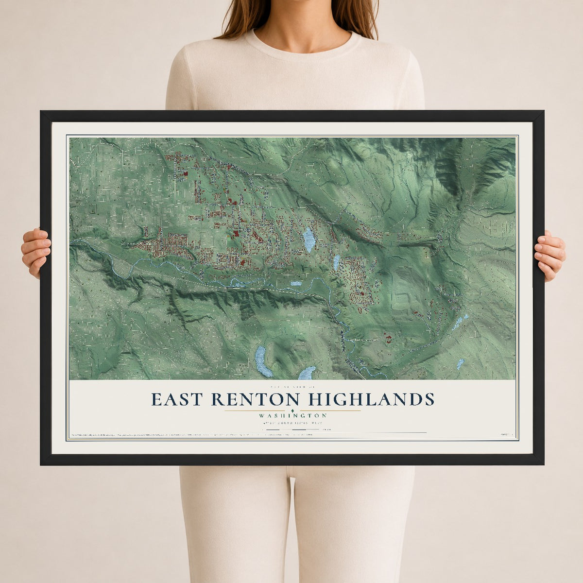 Map of East Renton Highlands, Washington, 24 x 36 inch print in a black wood frame