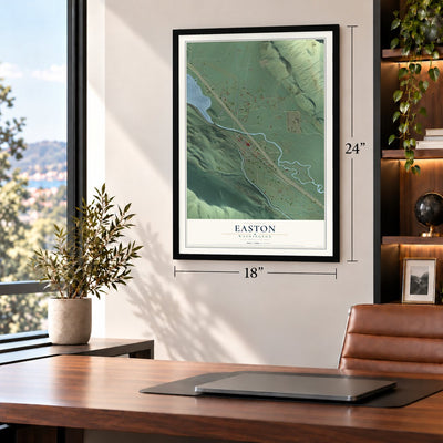 Easton, Washington map, 18 x 24 inch print in a black frame in a home office