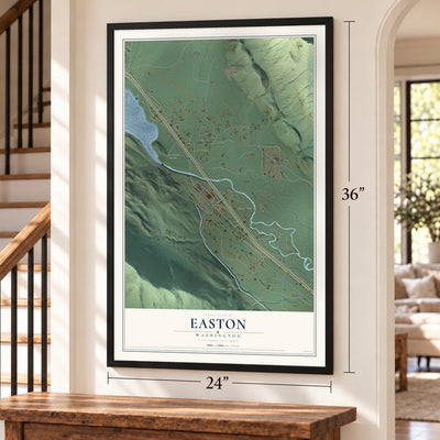 Easton, Washington map, 24 x 36 inch print in a black frame by a staircase