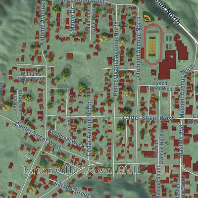 Close-up of the map of Eatonville, Washington print showing street and building detail