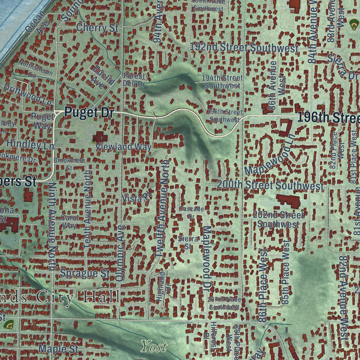 Close-up of the map of Edmonds, Washington print showing street and building detail