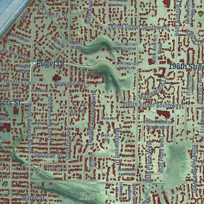 Close-up of the map of Edmonds, Washington print showing street and building detail
