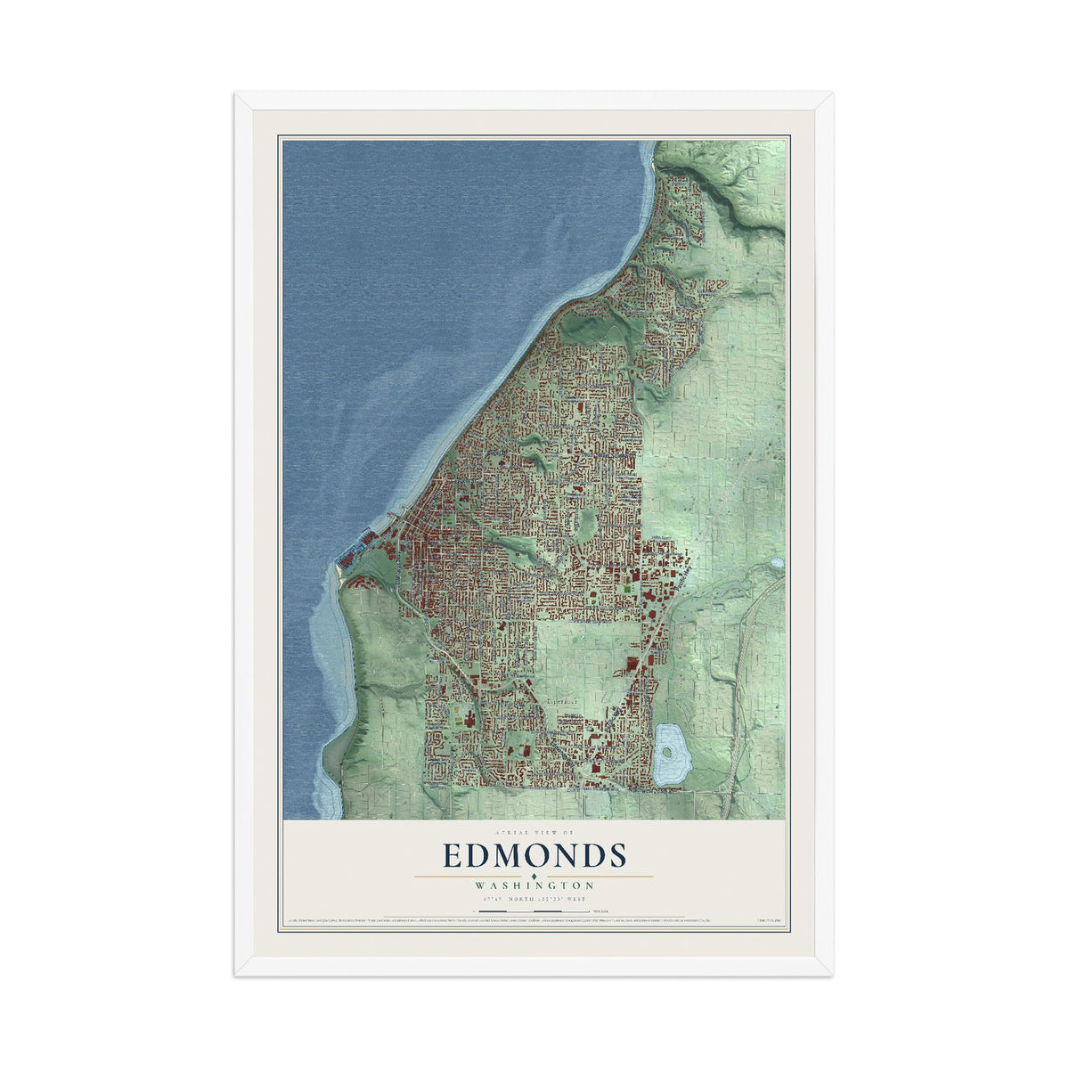 Map of Edmonds, Washington, 12 x 18 inch print in a white wood frame