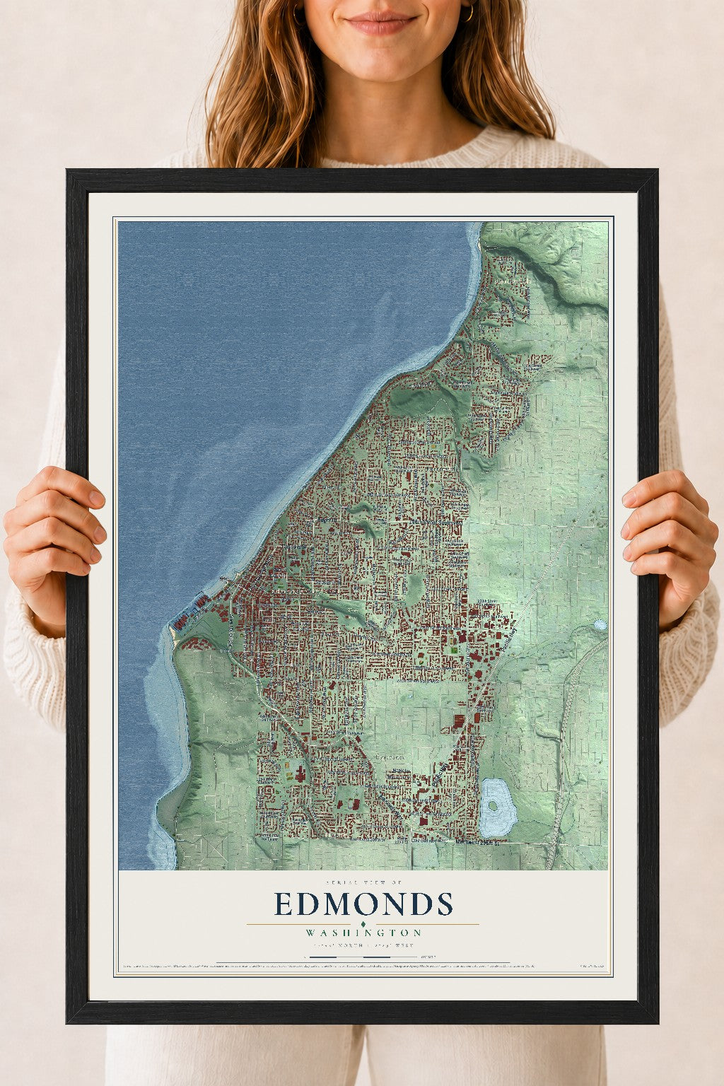 Map of Edmonds, Washington, 18 x 24 inch print in a black wood frame