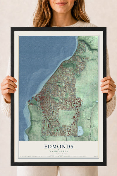 Map of Edmonds, Washington, 18 x 24 inch print in a black wood frame