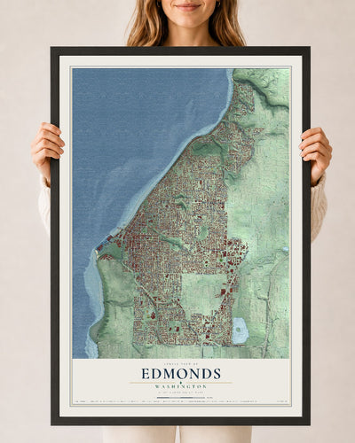 Map of Edmonds, Washington, 24 x 36 inch print in a black wood frame
