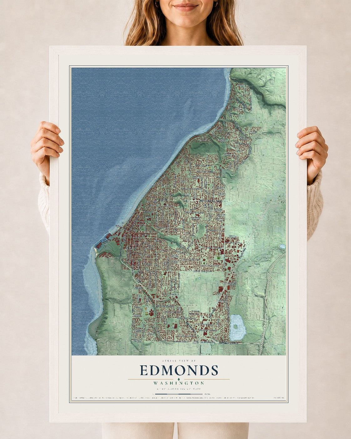Map of Edmonds, Washington, 24 x 36 inch print in a white wood frame