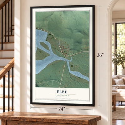 Elbe, Washington map, 24 x 36 inch print in a black frame by a staircase