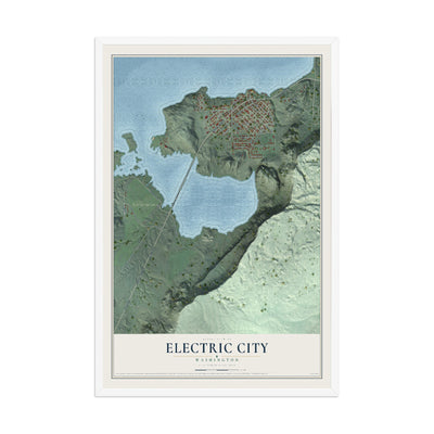 Map of Electric City, Washington, 12 x 18 inch print in a white wood frame