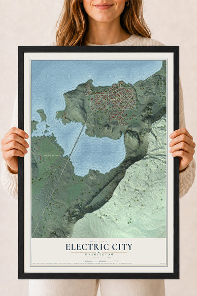Map of Electric City, Washington, 18 x 24 inch print in a black wood frame