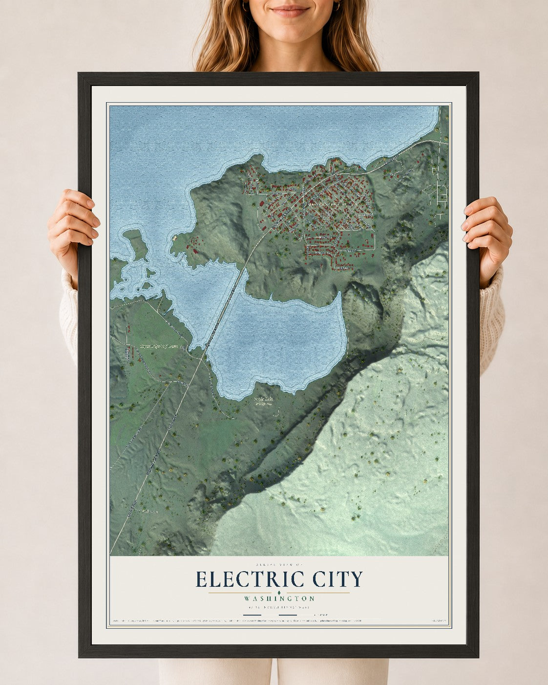 Map of Electric City, Washington, 24 x 36 inch print in a black wood frame