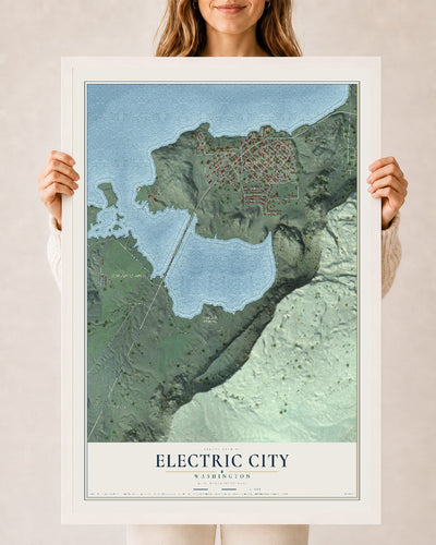 Map of Electric City, Washington, 24 x 36 inch print in a white wood frame