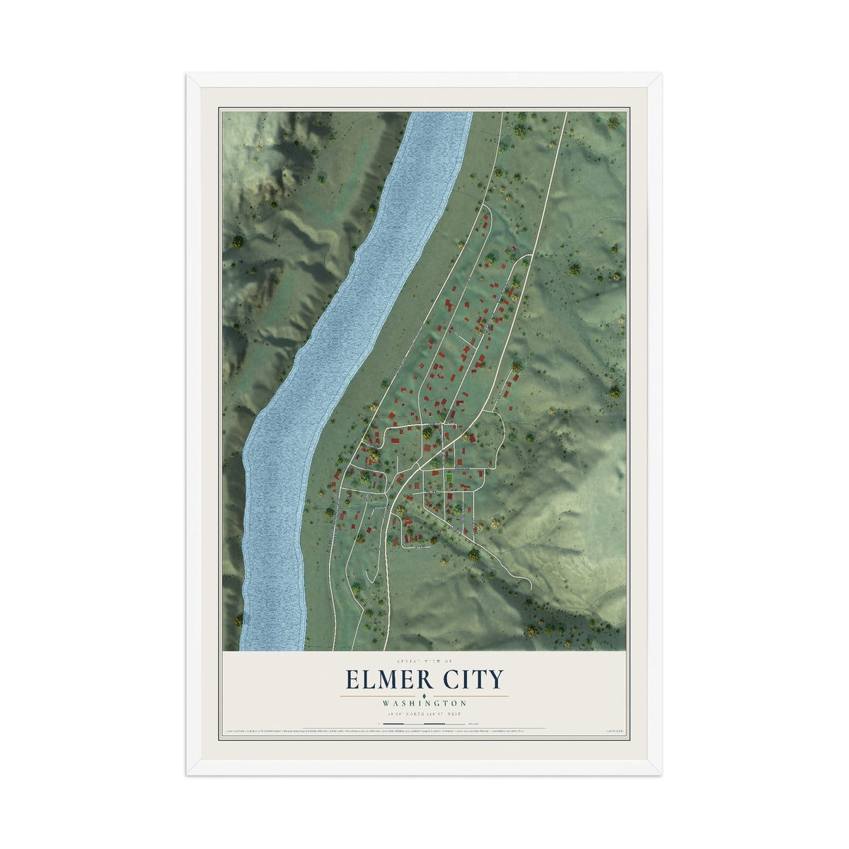 Map of Elmer City, Washington, 12 x 18 inch print in a white wood frame