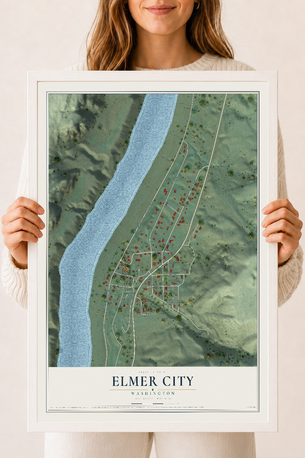 Map of Elmer City, Washington, 18 x 24 inch print in a white wood frame