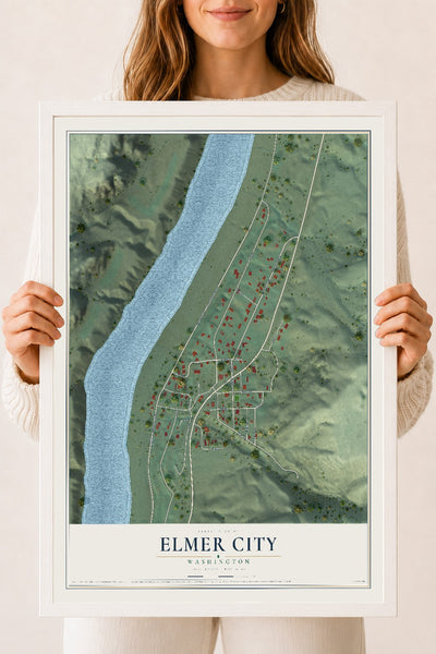 Map of Elmer City, Washington, 18 x 24 inch print in a white wood frame