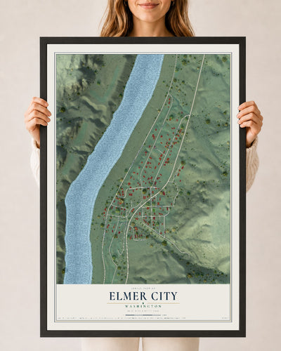Map of Elmer City, Washington, 24 x 36 inch print in a black wood frame