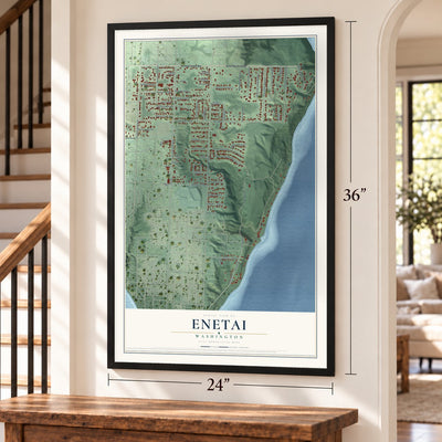 Enetai, Washington map, 24 x 36 inch print in a black frame by a staircase
