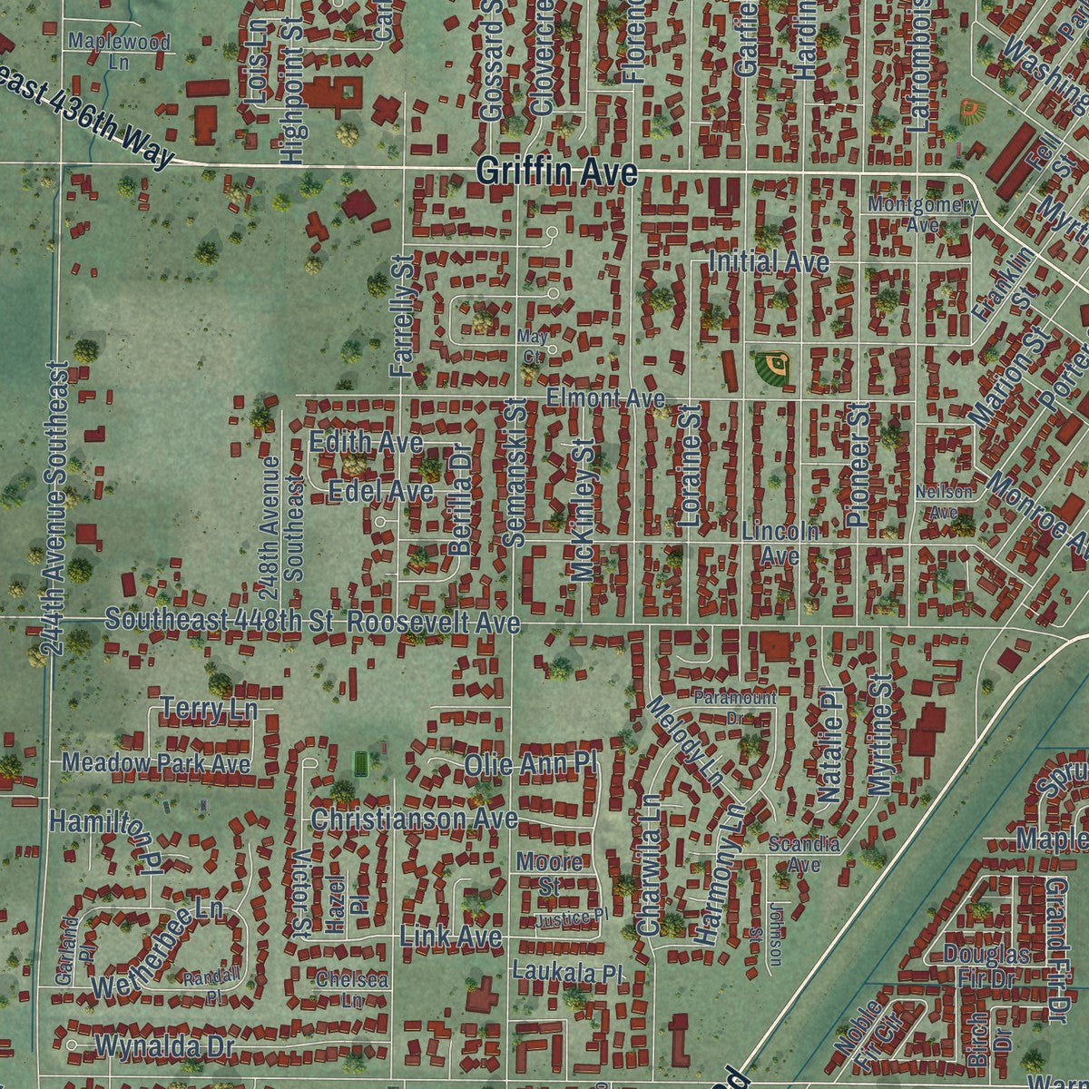 Close-up of the map of Enumclaw, Washington print showing street and building detail