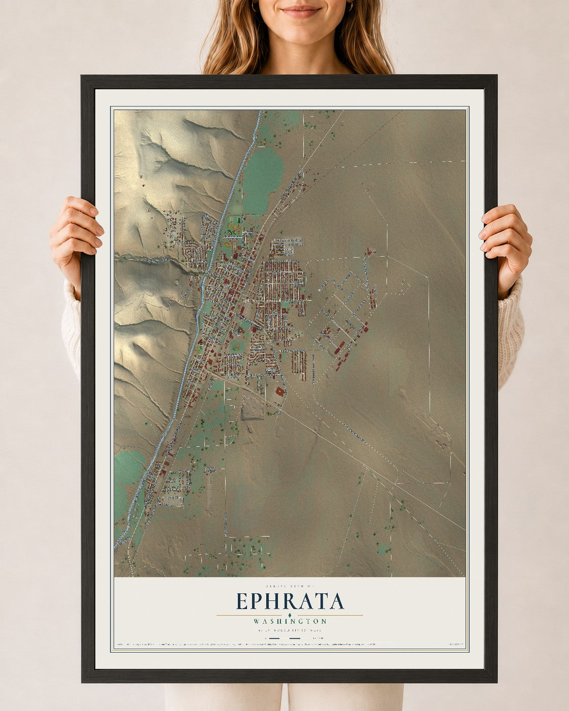 Map of Ephrata, Washington, 24 x 36 inch print in a black wood frame