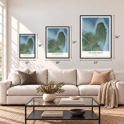 Erlands Point, Washington map in 12 x 18, 18 x 24 and 24 x 36 inch sizes above a sofa