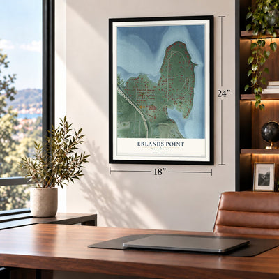 Erlands Point, Washington map, 18 x 24 inch print in a black frame in a home office