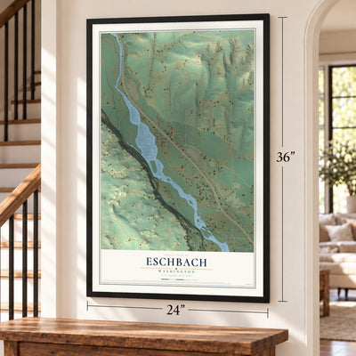 Eschbach, Washington map, 24 x 36 inch print in a black frame by a staircase