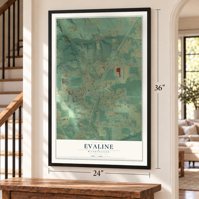 Evaline, Washington map, 24 x 36 inch print in a black frame by a staircase