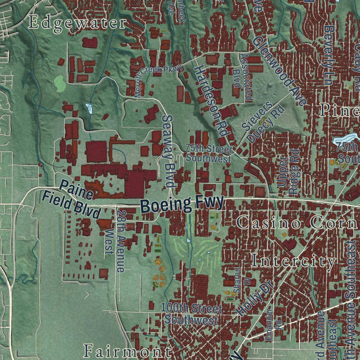 Close-up of the map of Everett, Washington print showing street and building detail