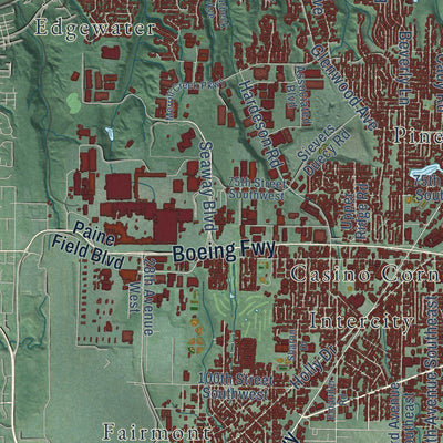 Close-up of the map of Everett, Washington print showing street and building detail