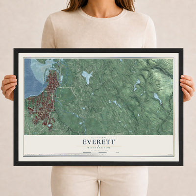 Map of Everett, Washington, 12 x 18 inch print in a black wood frame
