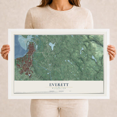 Map of Everett, Washington, 12 x 18 inch print in a white wood frame