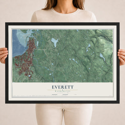 Map of Everett, Washington, 18 x 24 inch print in a black wood frame