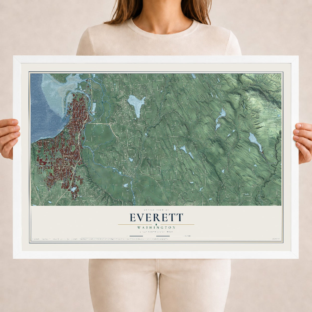 Map of Everett, Washington, 18 x 24 inch print in a white wood frame