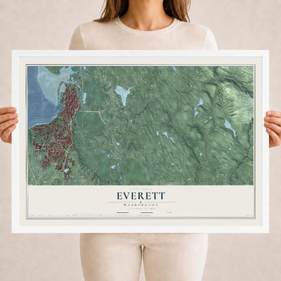 Map of Everett, Washington, 18 x 24 inch print in a white wood frame