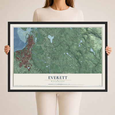 Map of Everett, Washington, 24 x 36 inch print in a black wood frame