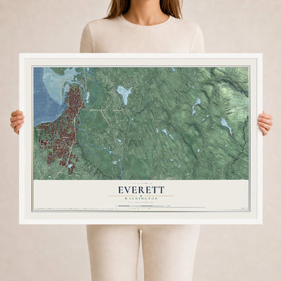 Map of Everett, Washington, 24 x 36 inch print in a white wood frame