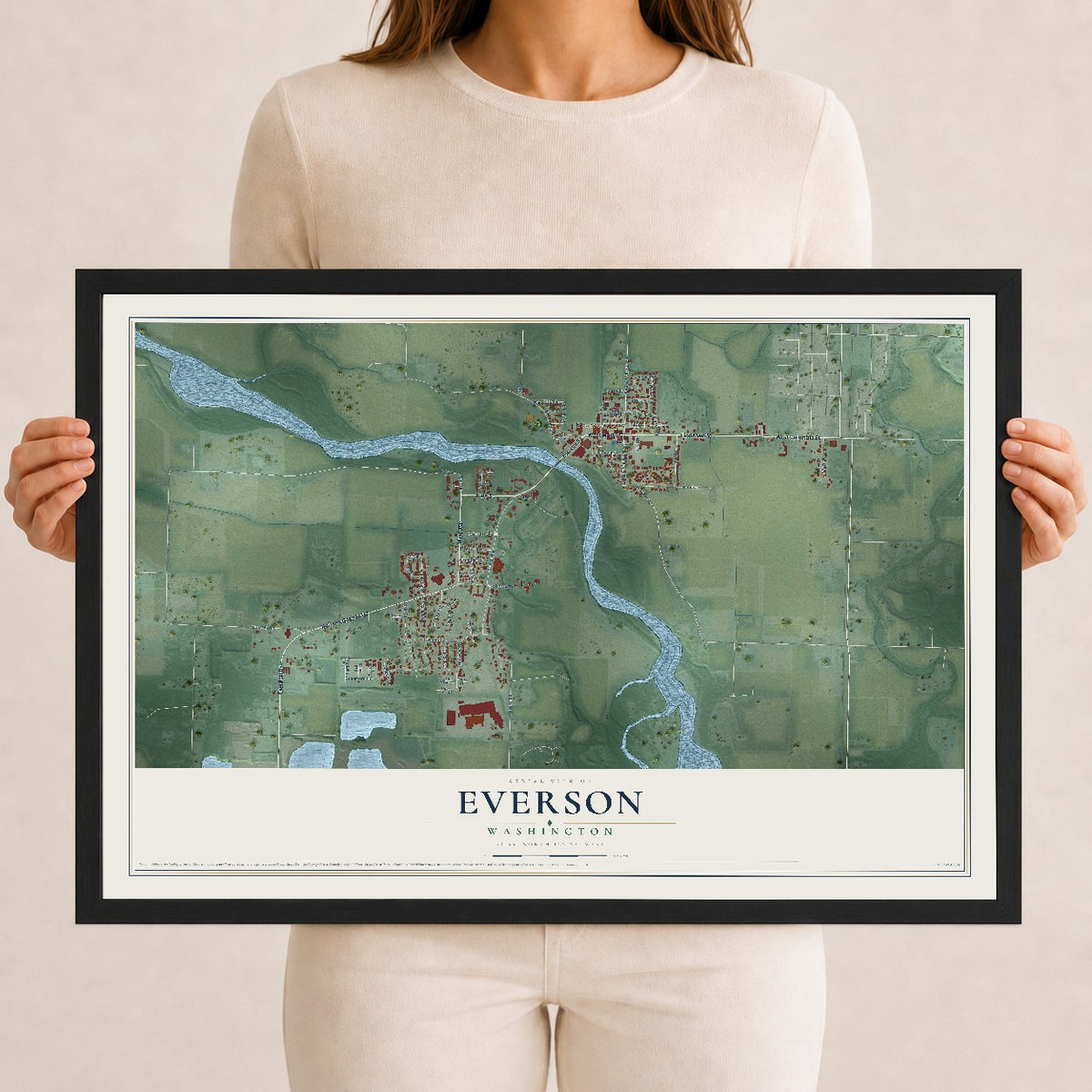 Map of Everson, Washington, 12 x 18 inch print in a black wood frame