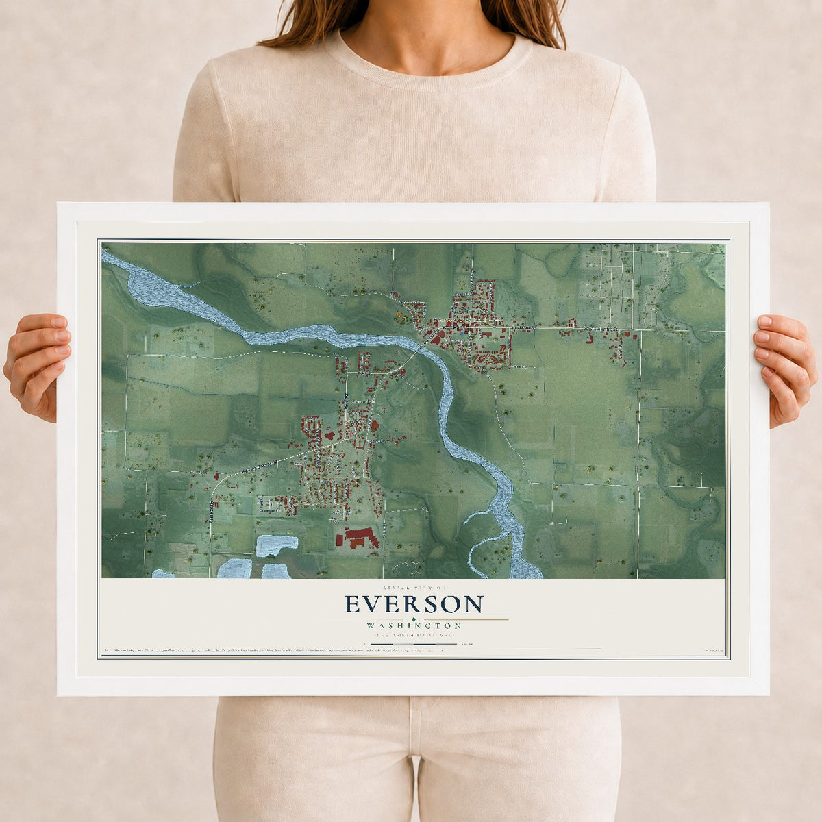 Map of Everson, Washington, 12 x 18 inch print in a white wood frame